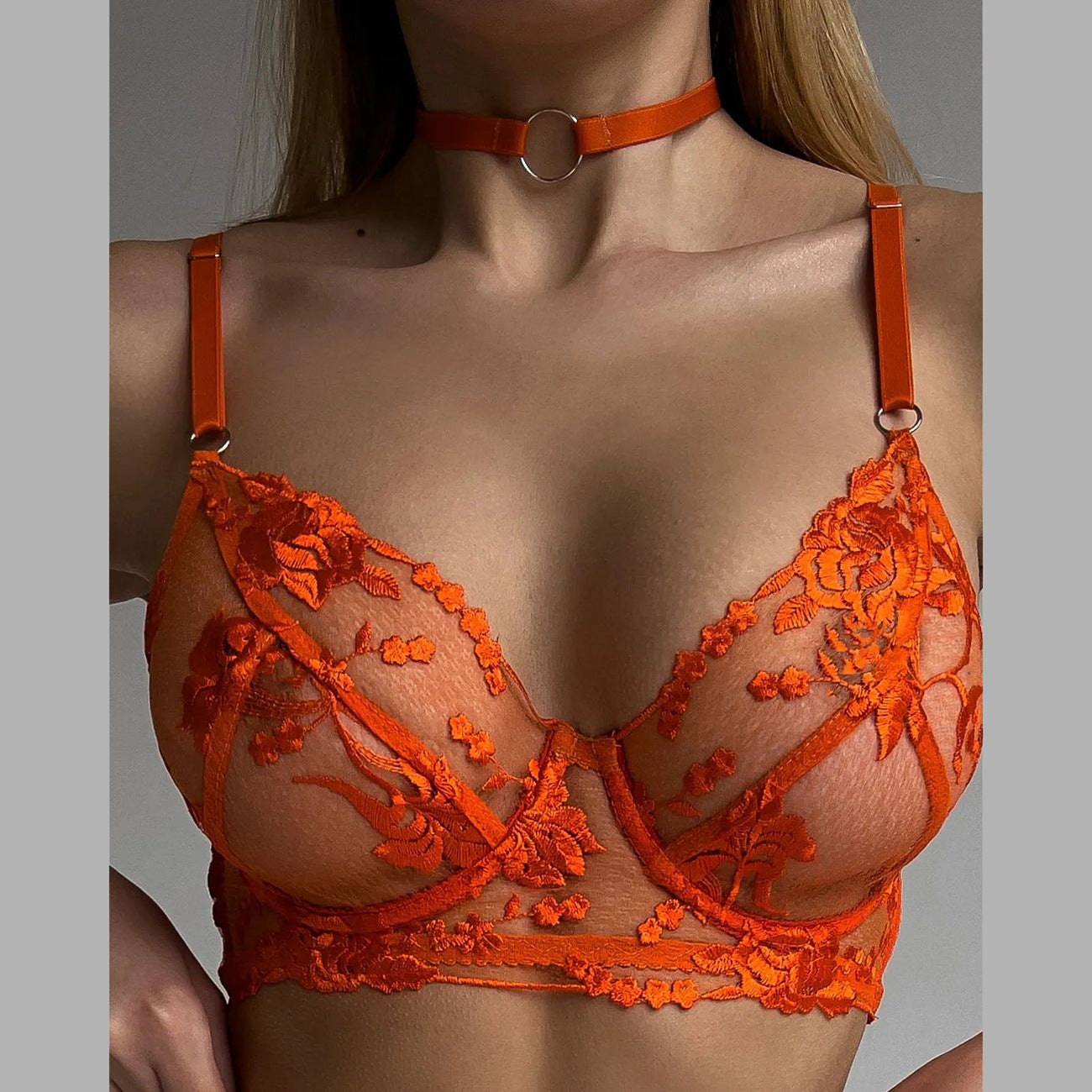 Orange New Beautifully Embroidered Lingerie Three-Point Erotic Mesh See-Through Suit with Neck Ring