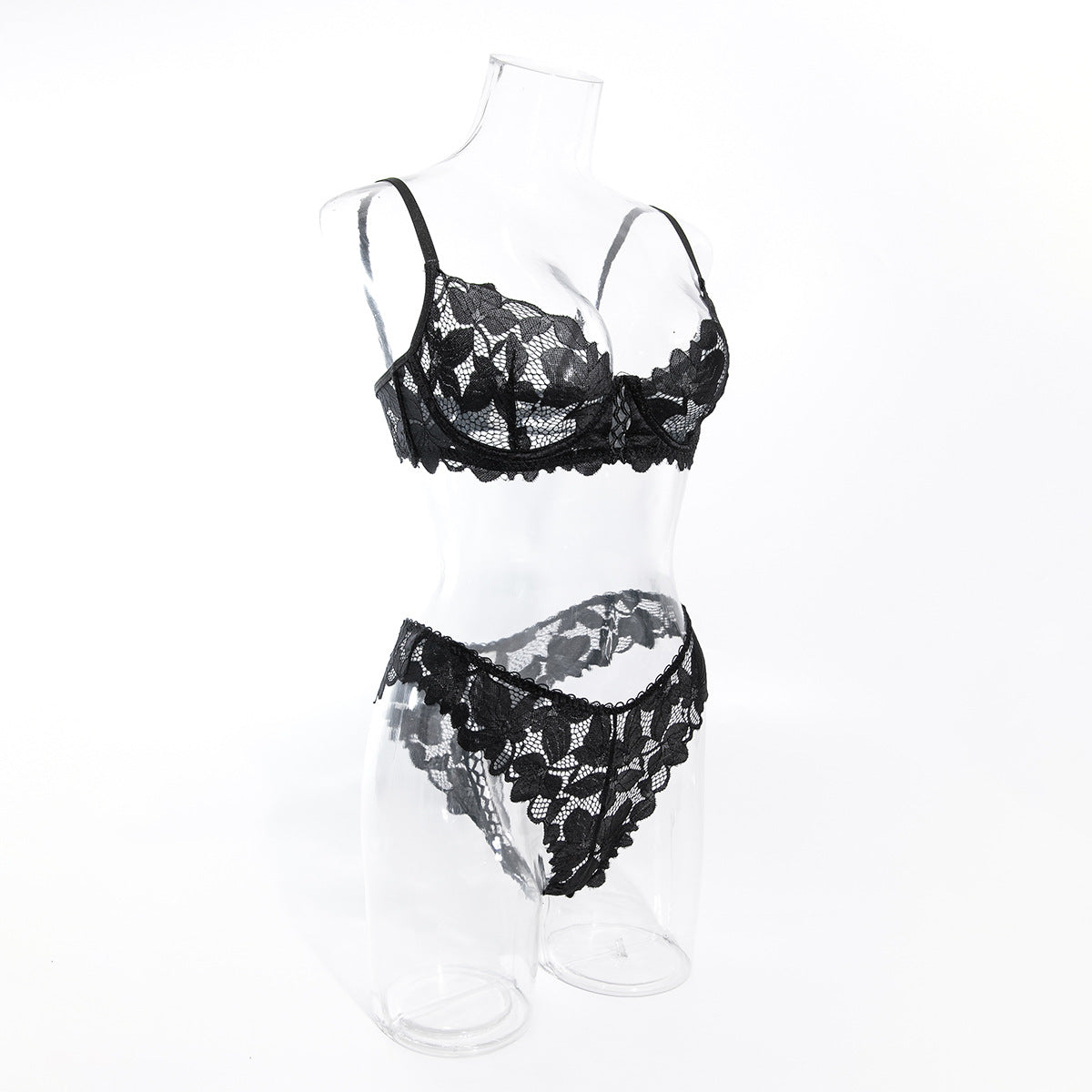 New French style white lace beautiful floral hollow gathered steel ring bra briefs female sexy two-piece set