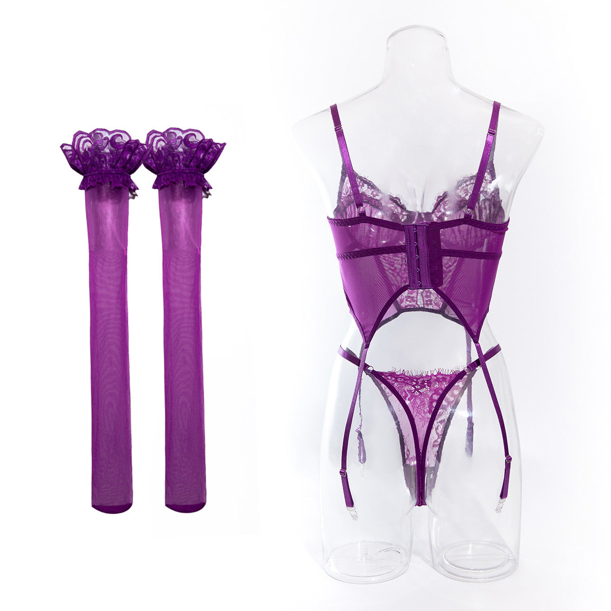 New Arrival Sexy Women's Transparent Corset Mesh Lingerie Set with Stockings G-string Purple Underwear Lingerie Femme