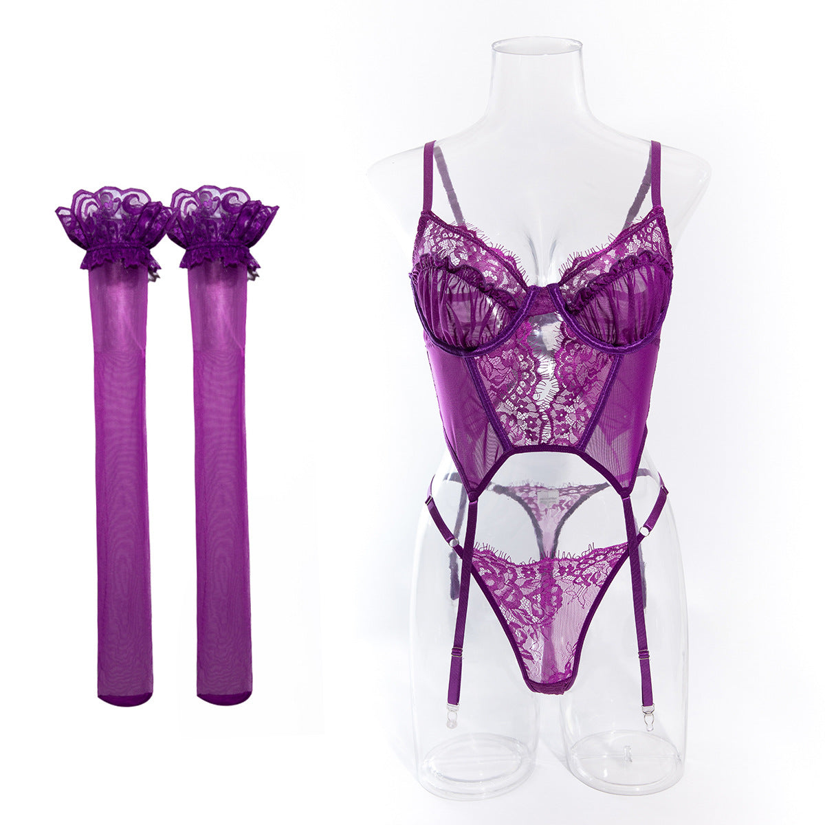 New Arrival Sexy Women's Transparent Corset Mesh Lingerie Set with Stockings G-string Purple Underwear Lingerie Femme