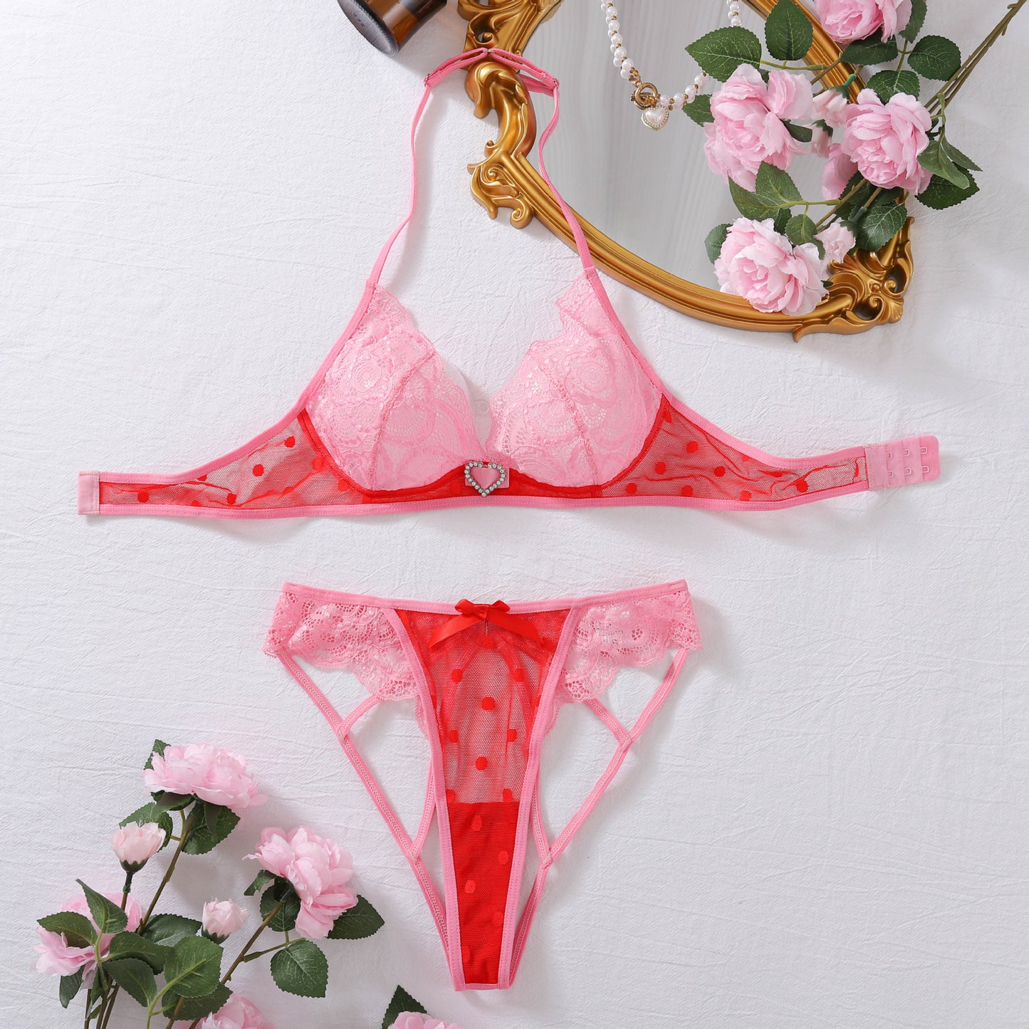 Pink Red Sexy See-Through Mesh Splicing Steel Ring Gathered Bra Set with Love Diamond Hollowing Accessories Erotic Lingerie