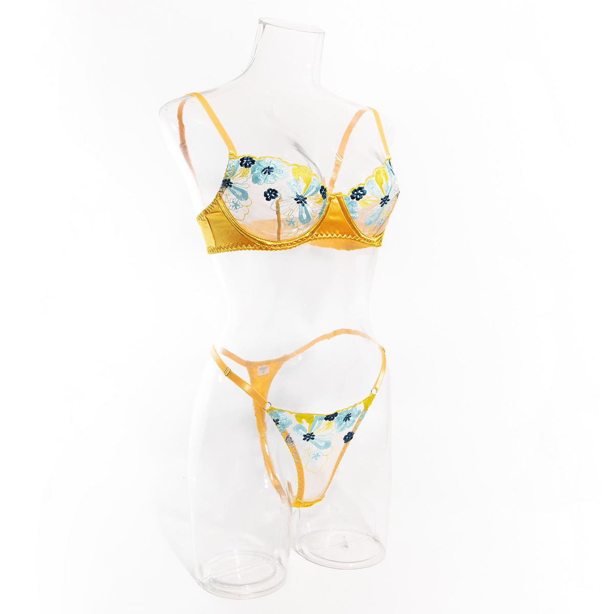 New Sexy and Fun Underwear Thin Embroidered Mesh Colored Ding Spliced Perspective Two Piece Set