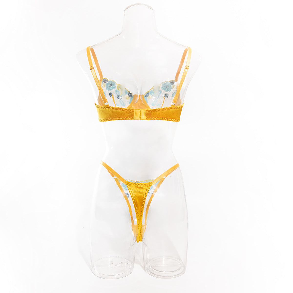New Sexy and Fun Underwear Thin Embroidered Mesh Colored Ding Spliced Perspective Two Piece Set