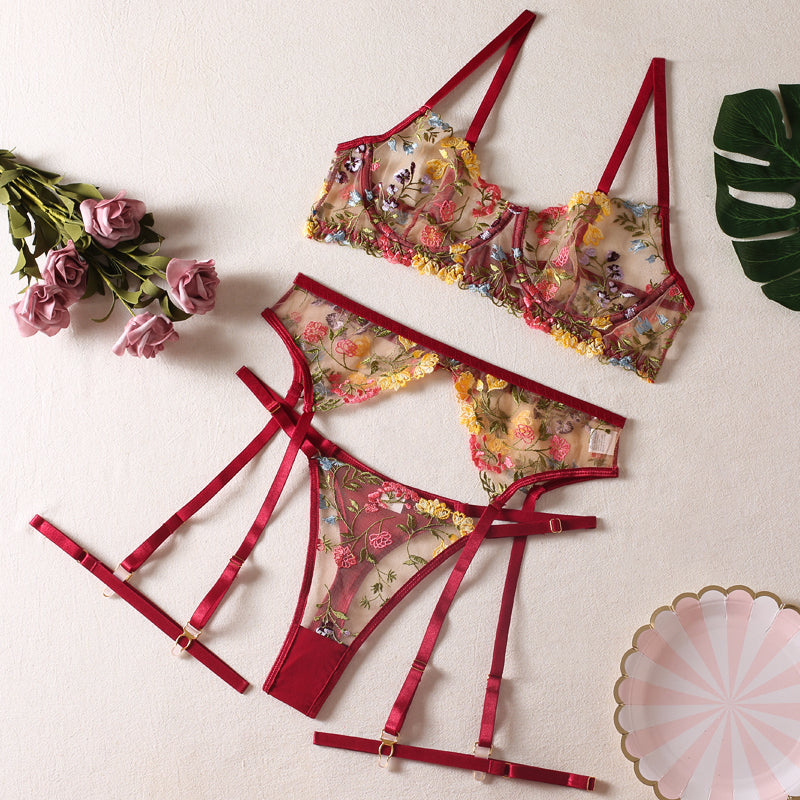 Sexy perspective multi-color Pastoral floral Bra Garter Thong leg ring three-piece sexy underwear set