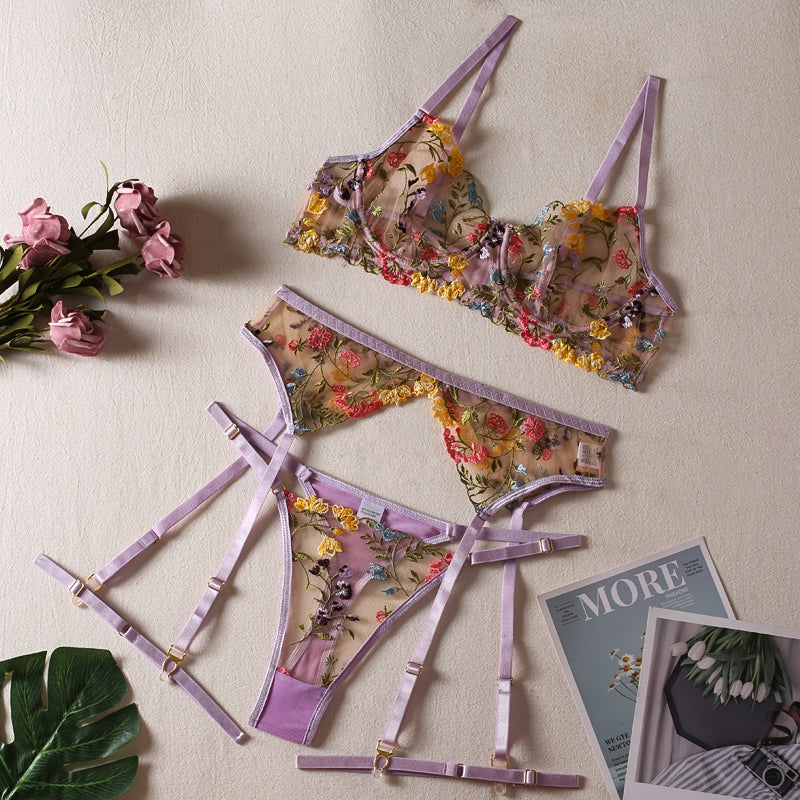 Sexy perspective multi-color Pastoral floral Bra Garter Thong leg ring three-piece sexy underwear set