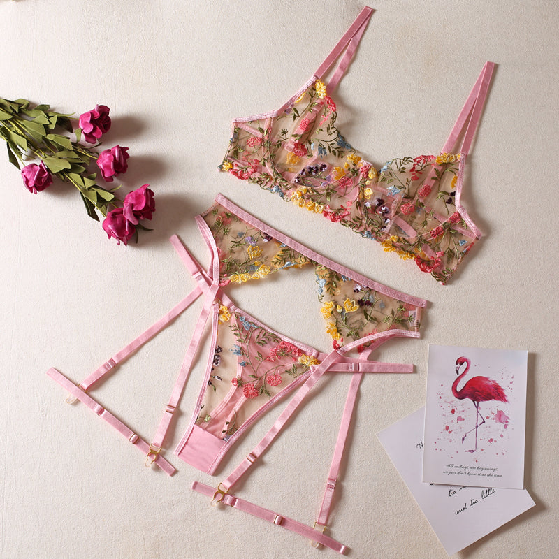 Sexy perspective multi-color Pastoral floral Bra Garter Thong leg ring three-piece sexy underwear set